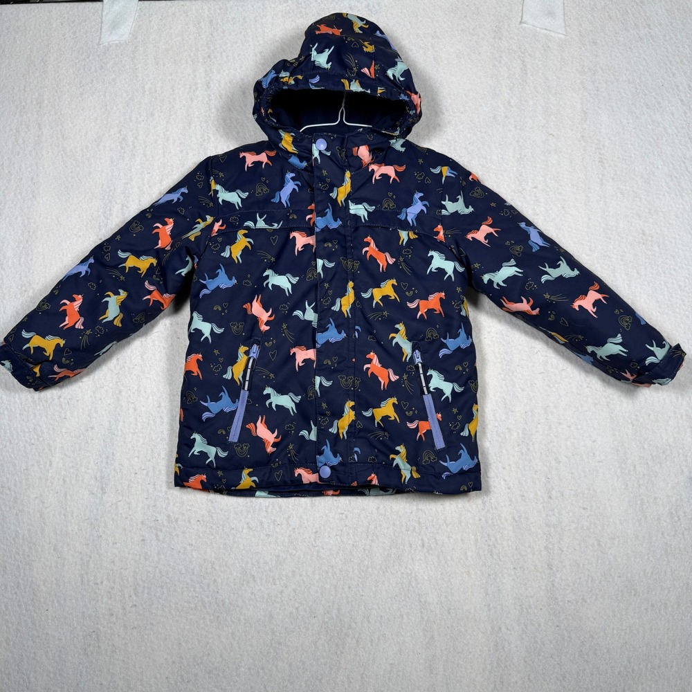 Cat & Jack Girls Navy Blue Unicorn Rainbow Hooded Puffer Jacket Size 5T
